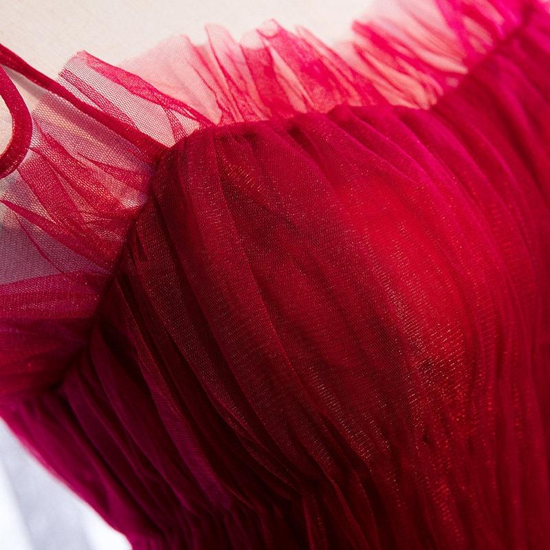 Spaghetti-straps Pleated bodice Ruffle Layered tutu soft tulle prom dress