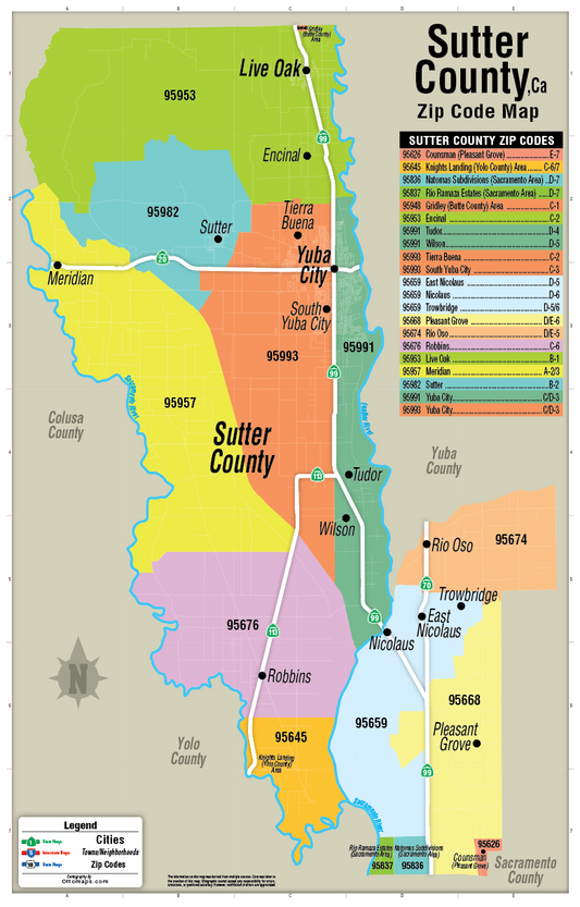 Sutter County Zip Code Map - POSTER PRINTS