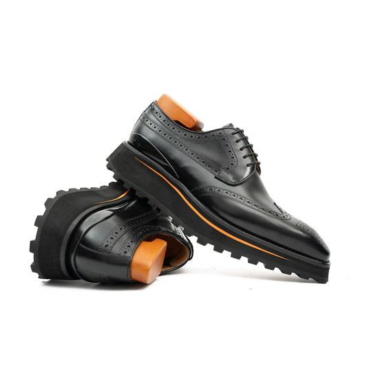 Thick-soled calfskin formal brogue derby shoes Black