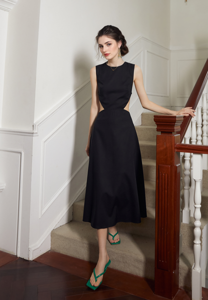 Timeless Elegance Backless Satin Midi Dress with Intricate Cutout