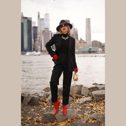 Pantalones de traje de raya diplomática negra: pantalones de oficina a medida para mujer