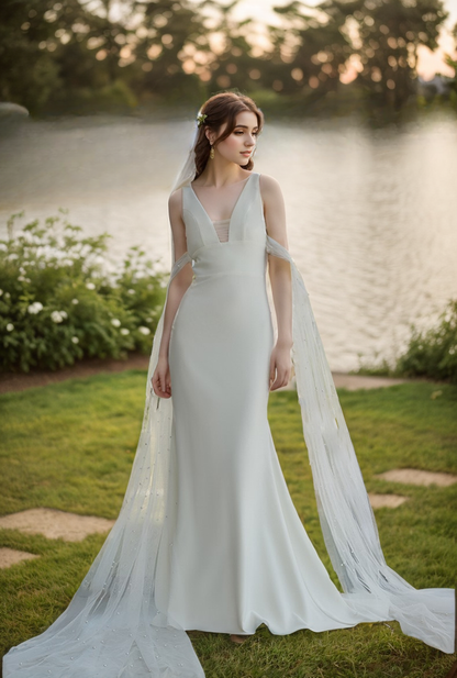 V-neck Low back wide straps Mermaid Satin wedding dress with beaded soft tulle ribbon