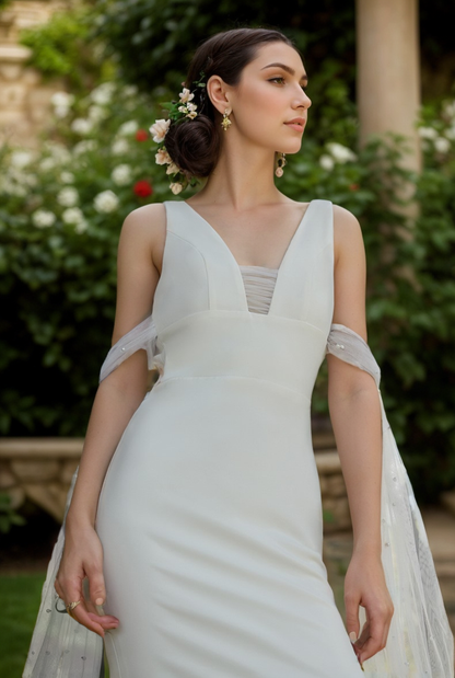 V-neck Low back wide straps Mermaid Satin wedding dress with beaded soft tulle ribbon