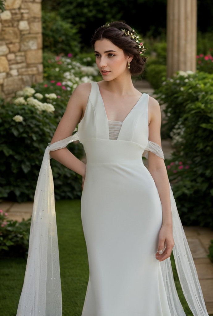 V-neck Low back wide straps Mermaid Satin wedding dress with beaded soft tulle ribbon