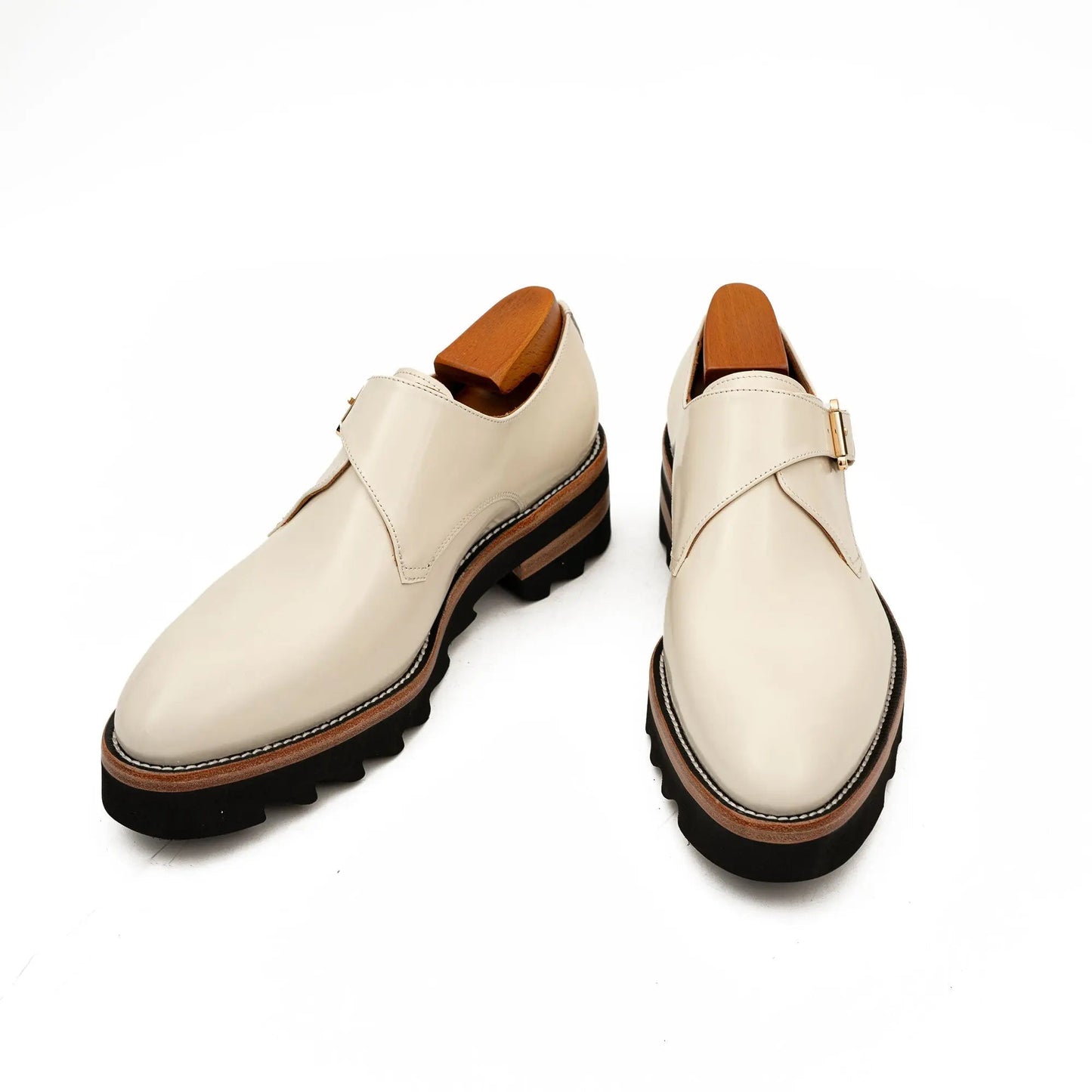 White Leather Monk Strap Shoes with Chunky Soles