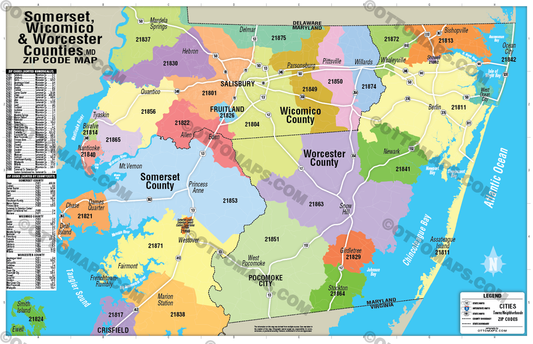 Worcester, Somerset, Wicomico Counties Zip Code Map - POSTER PRINTS