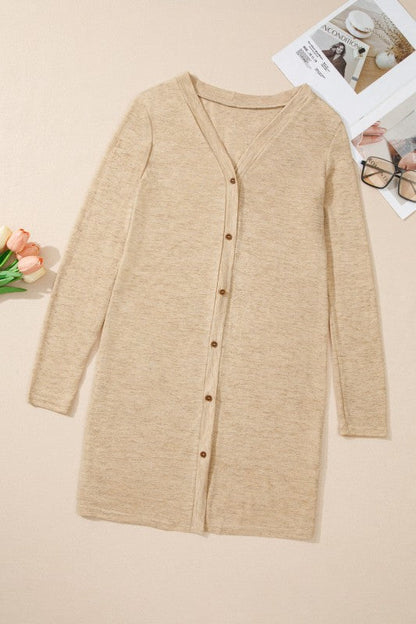 Solid Open-Front Buttoned Cardigan