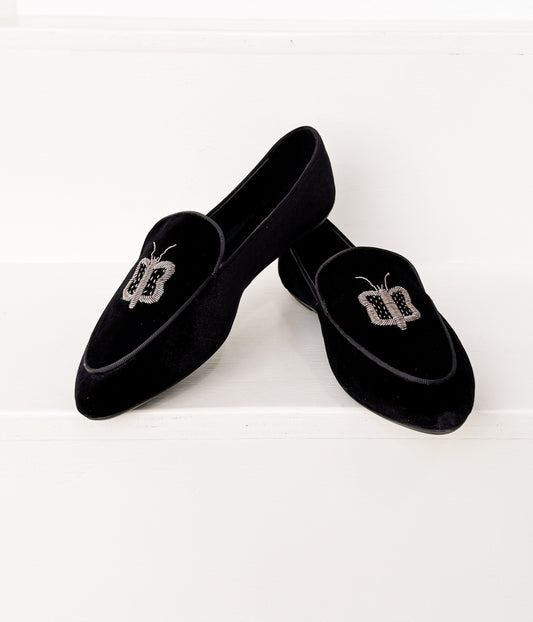 Butterfly Velvet Flats in Black