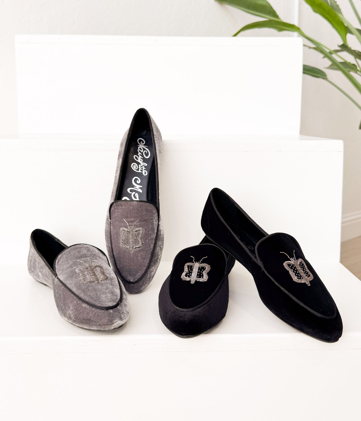 Butterfly Velvet Flats in Grey