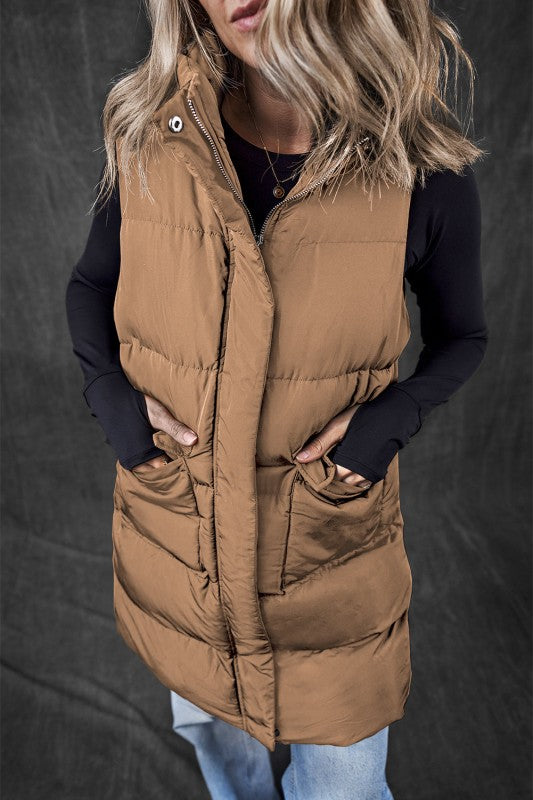 Solid Zip-Up Pocketed Puffer Vest