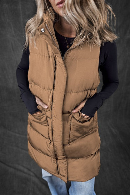 Solid Zip-Up Pocketed Puffer Vest