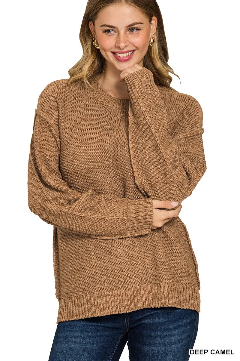 Zenana Exposed Seam Round Neck Sweater in Camel