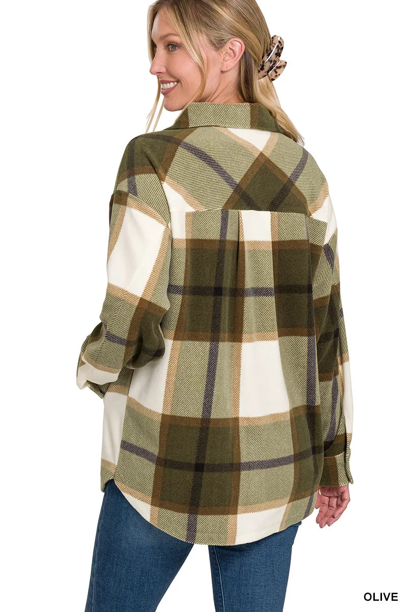 Zenana Oversized Plaid Fleece Shacket in Olive