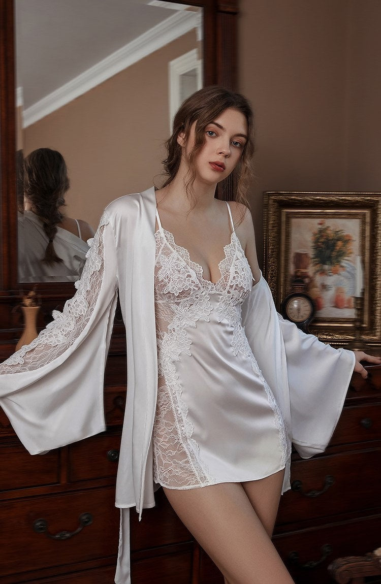 Victorian Style Lace Silky Lingerie Set - Elegant Night Dress & Robe in 3 Colors Next Day Shipping
