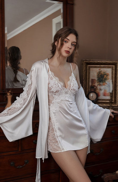 Victorian Style Lace Silky Lingerie Set - Elegant Night Dress & Robe in 3 Colors Next Day Shipping