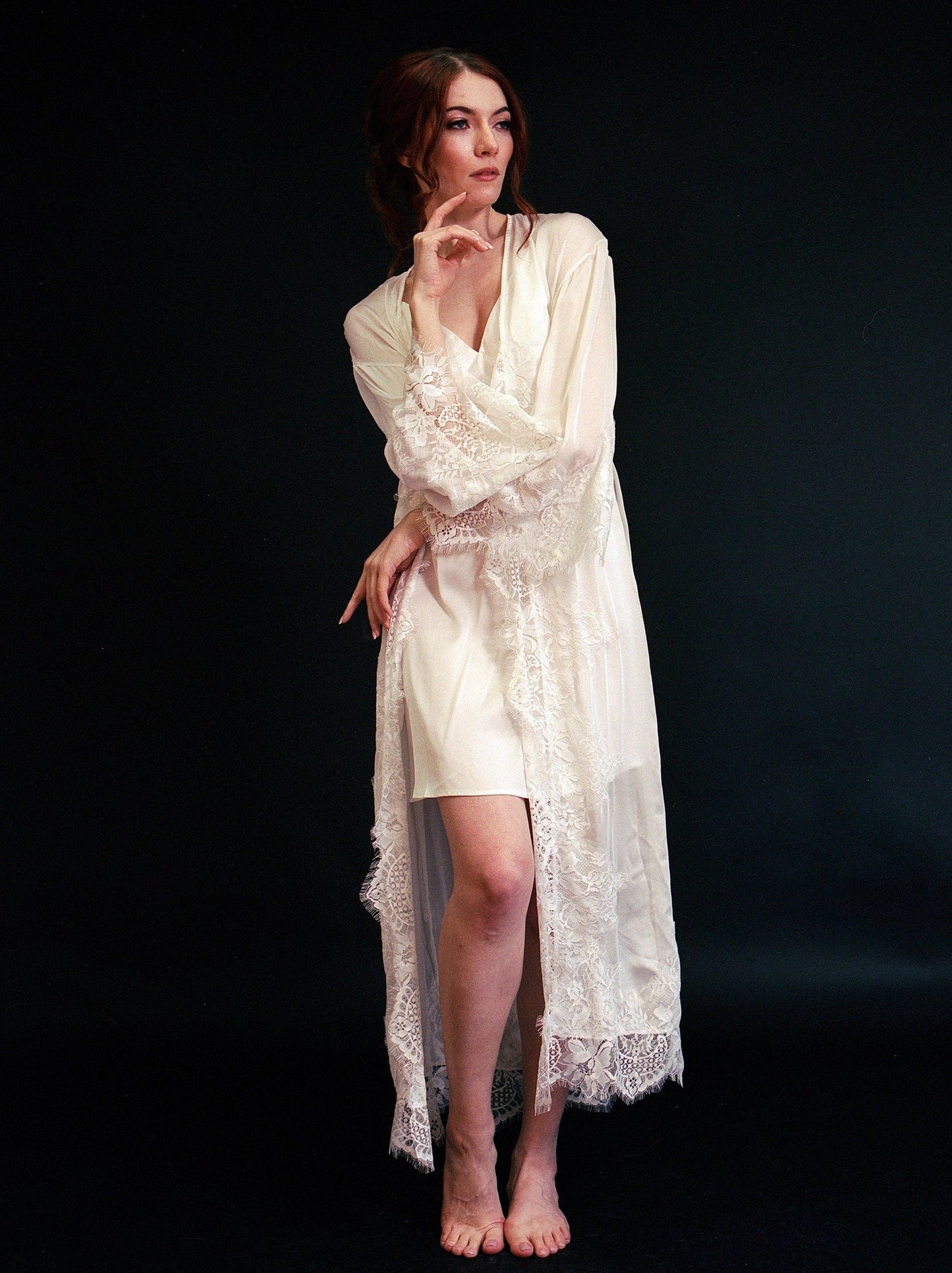 Silky Chiffon Trimmed Lace Long Lingerie Robe with Nightgown